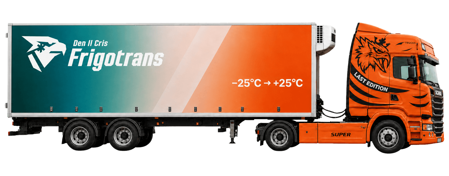 Side-profile presentation of an orange refrigerated truck with temperature-controlled cargo body.
